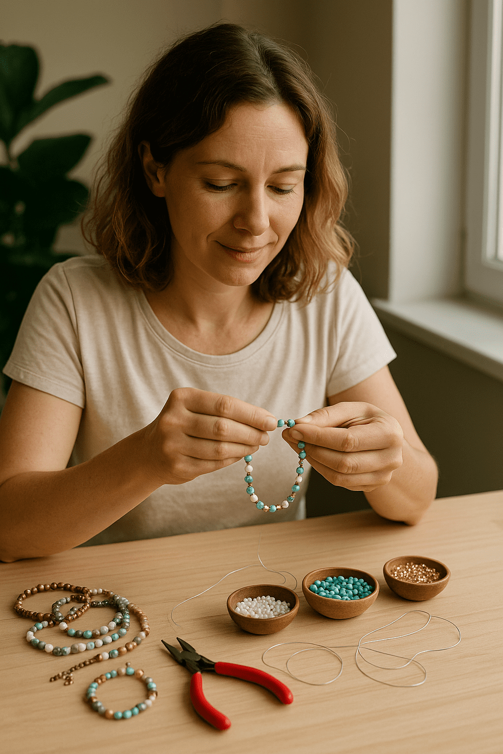 Evde el yapımı takı üreten kadın; masa üzerinde boncuklar ve ipler