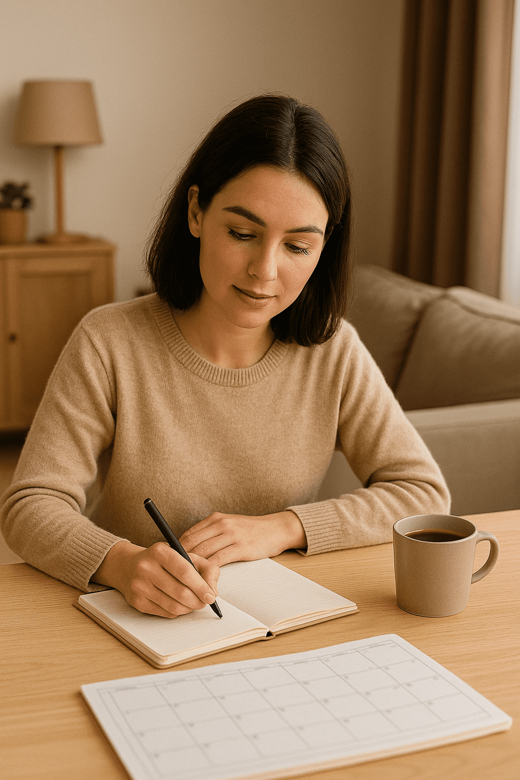 Ahşap masada not defteri ve kahve ile plan yapan kişi,Ev Hanımları İçin 2025 Rehberi: Evden Gelir ve Pasif Kazanç Fikirleriğ