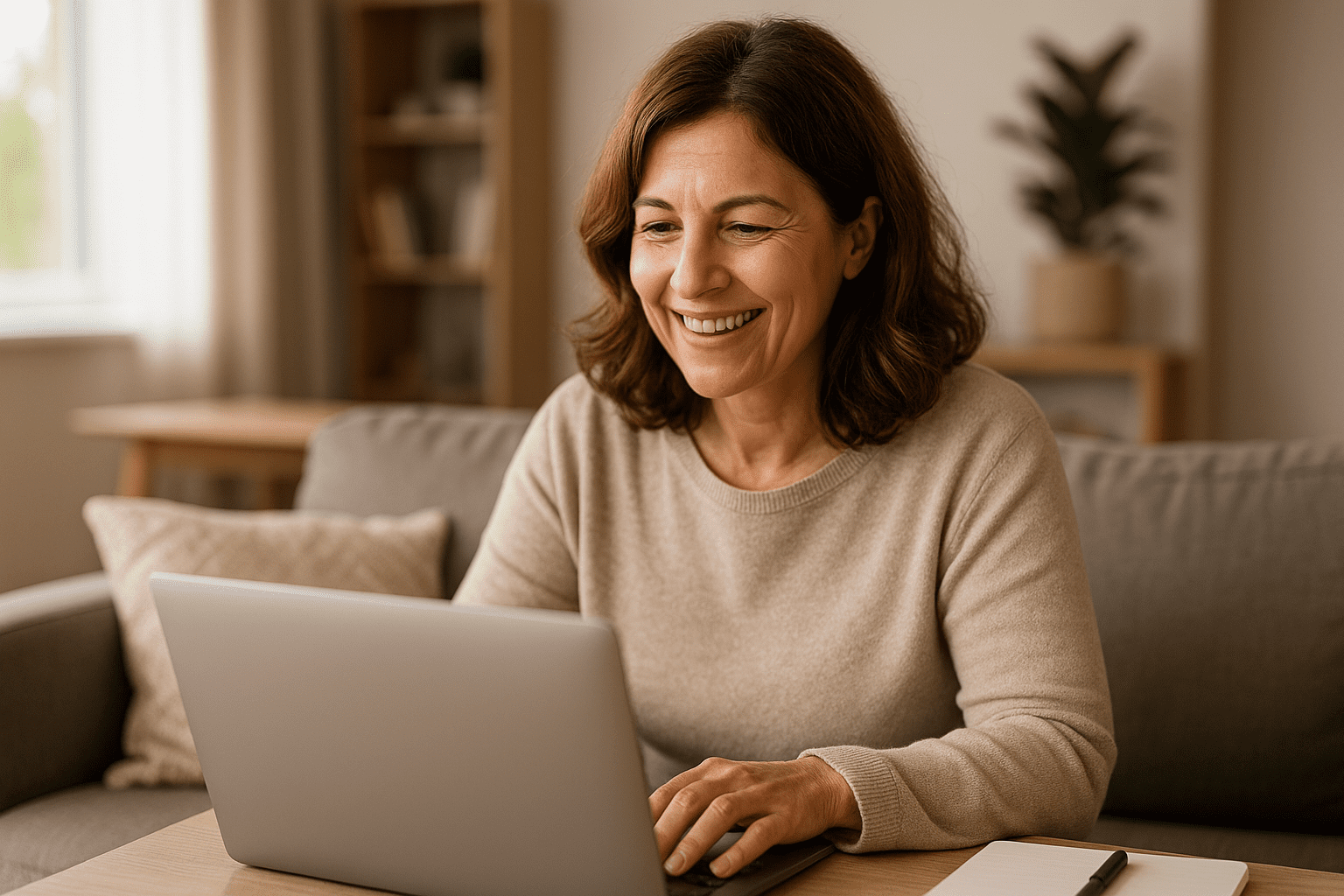 Evde gülümseyen, laptop başında çalışan mutlu kadın