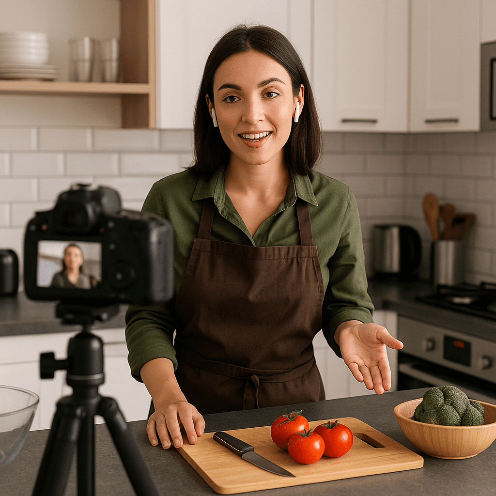 Mutfakta YouTube videosu çeken kadın; tripod ve ışık düzeni