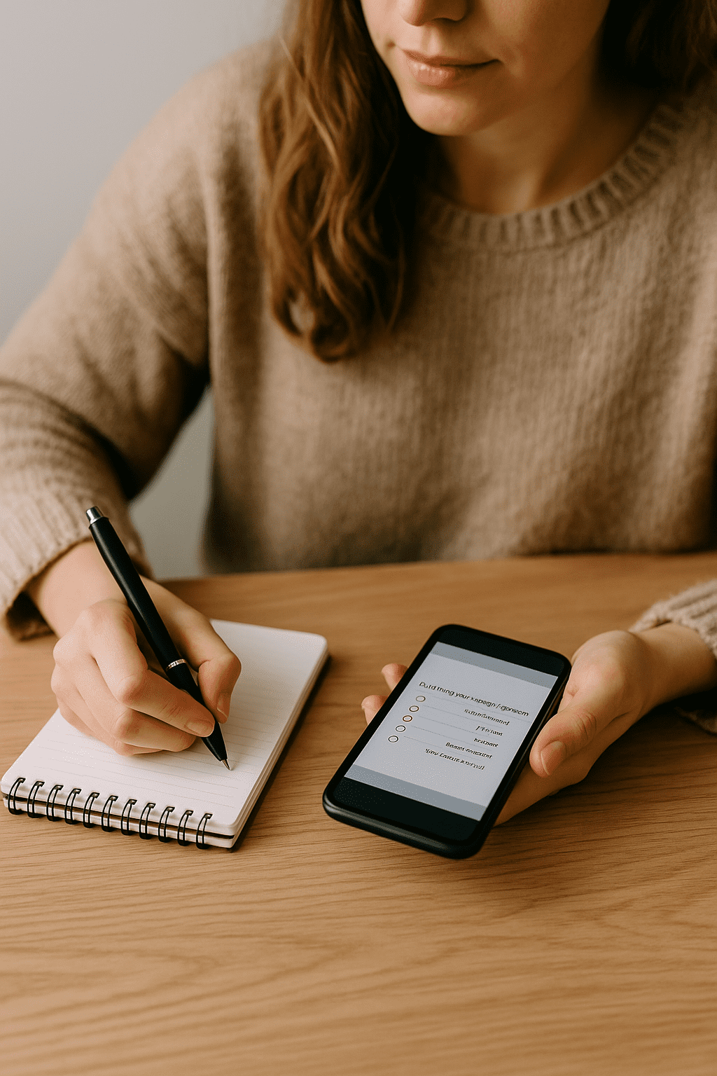 Telefonla çalışan kişi; yanında not defteri ve kalem