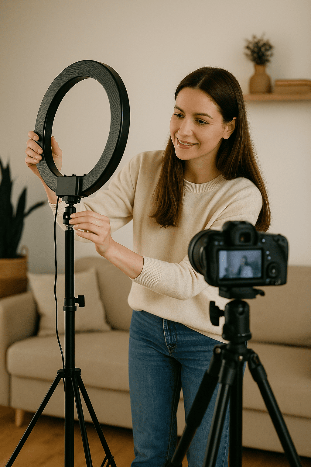 Evde video çekimi için ışık ve kamera kuran kadın